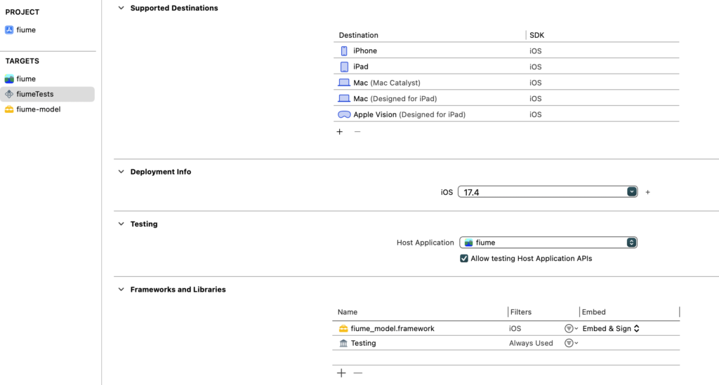 The project file with a Testing section in the test target